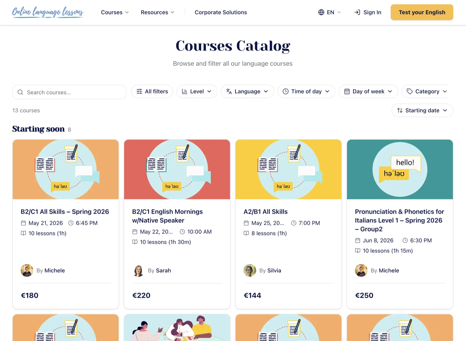Courses Catalog: browse and filter all language courses by level, language, schedule and category