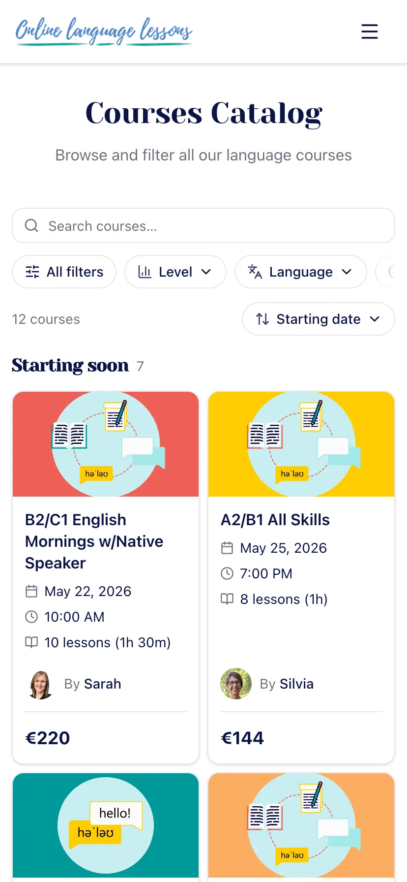 Courses Catalog: browse and filter all language courses by level, language, schedule and category