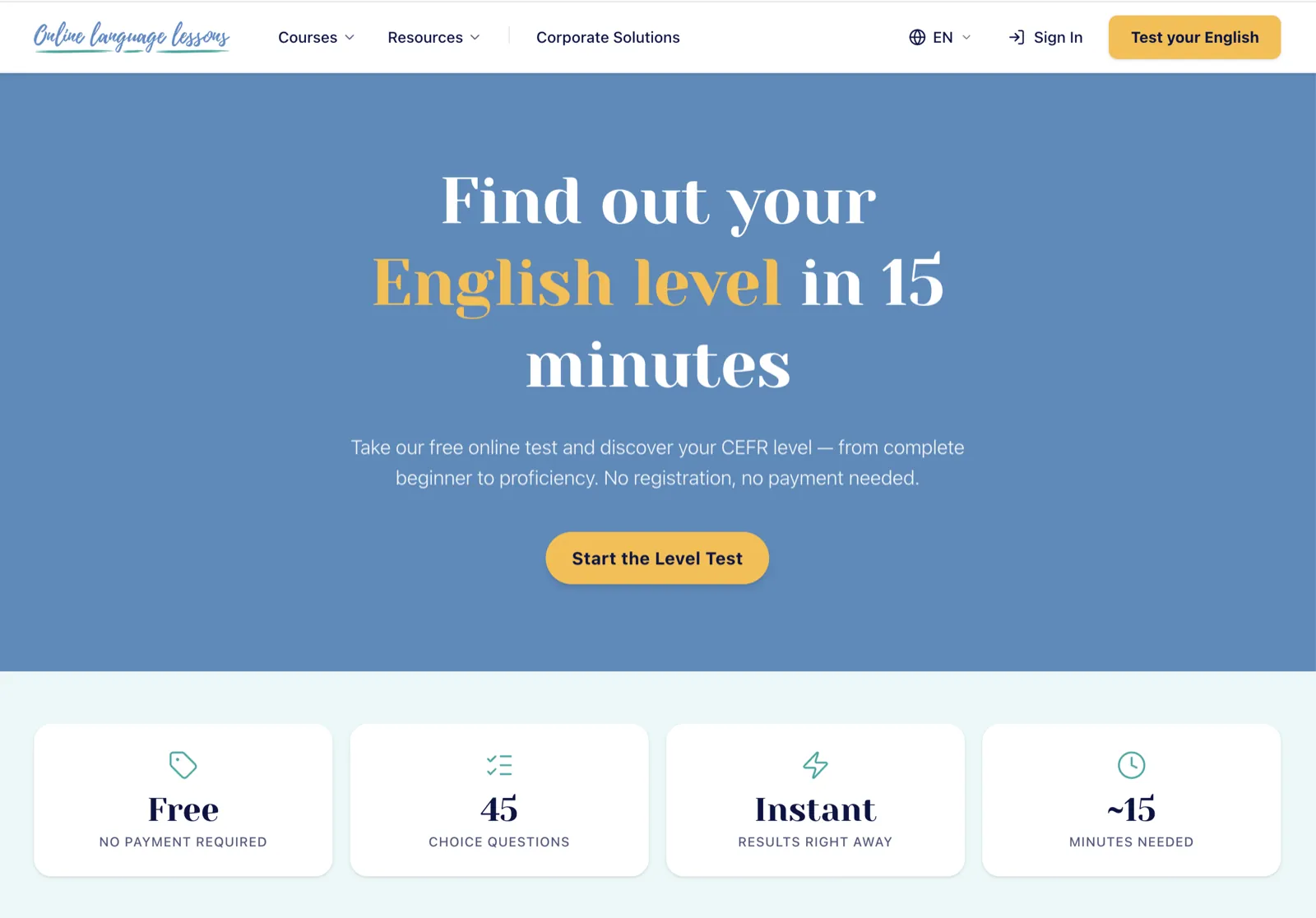 OLL Level Test landing: discover your English level in 15 minutes, free, no registration