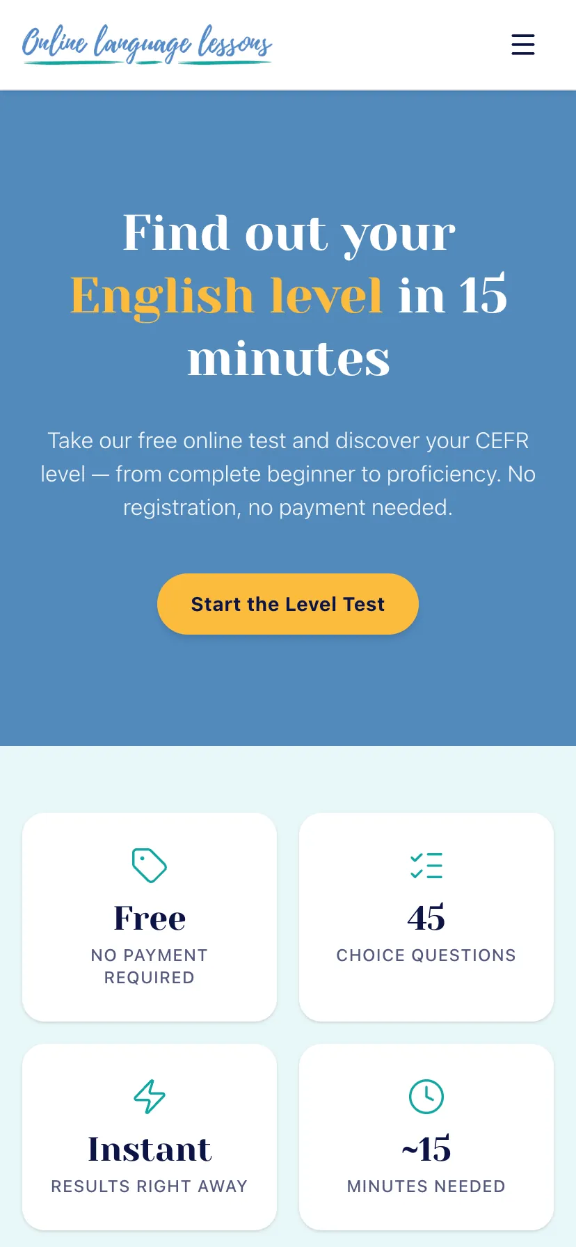 OLL Level Test landing: discover your English level in 15 minutes, free, no registration