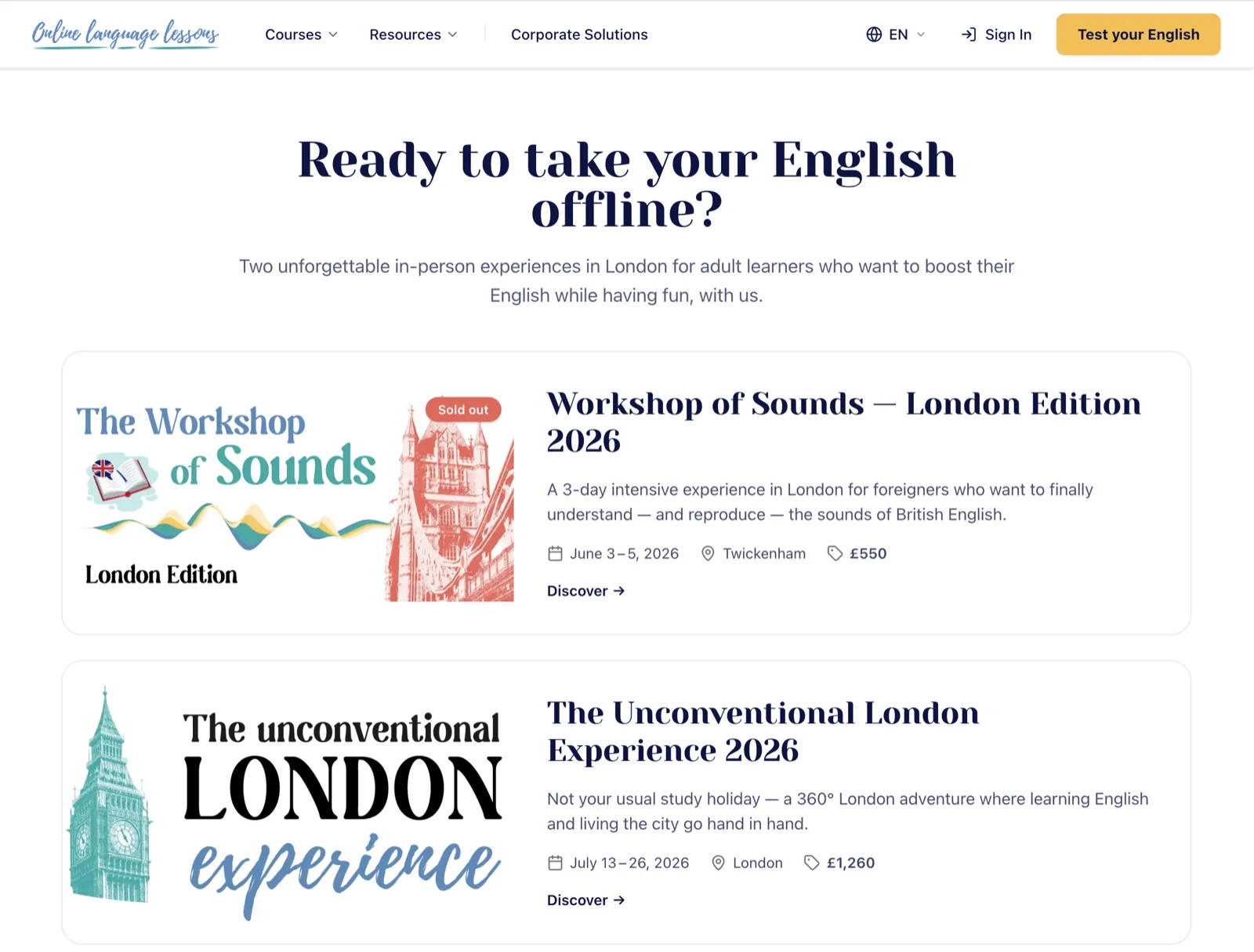 Live Experiences: in-person English experiences in London, with dates, location and pricing
