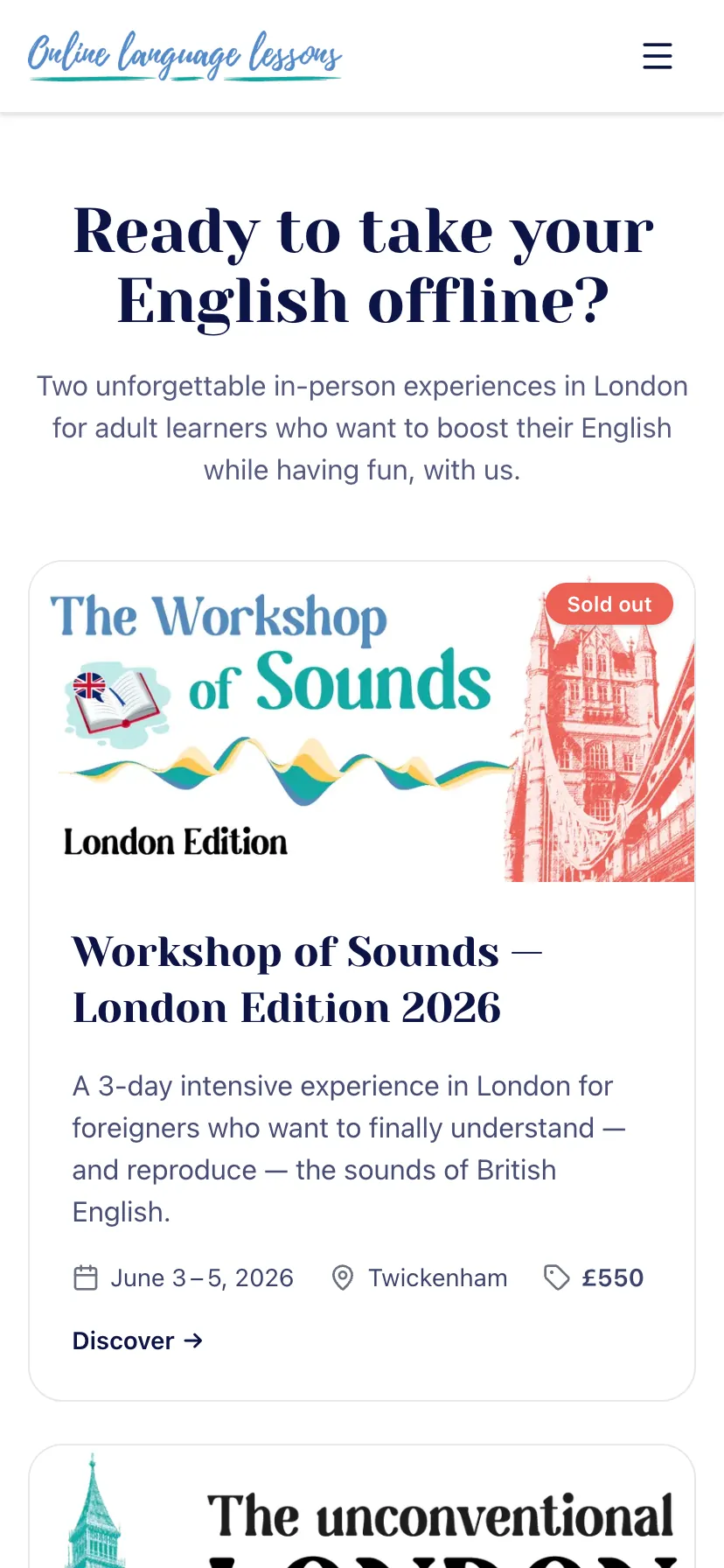 Live Experiences: in-person English experiences in London, with dates, location and pricing