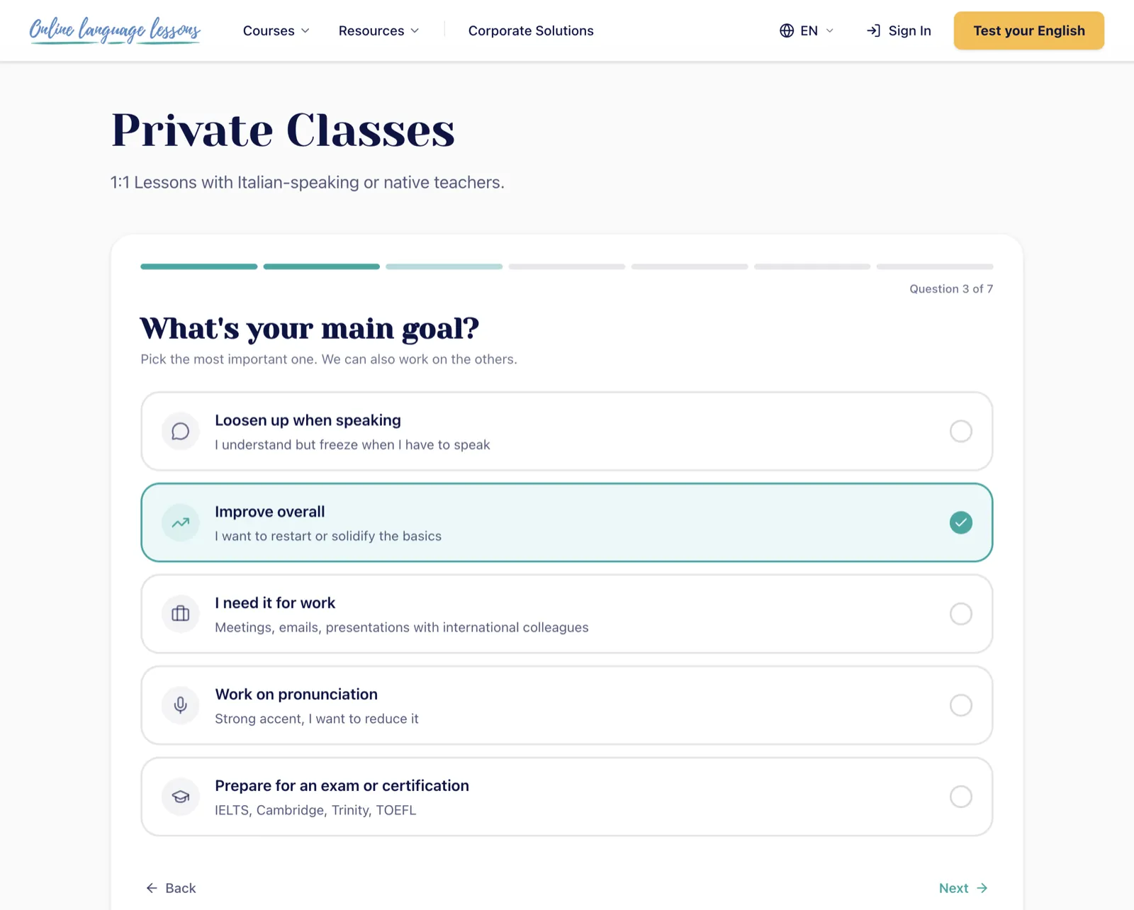 Private Classes quiz, step 3 of 7: choosing a main learning goal