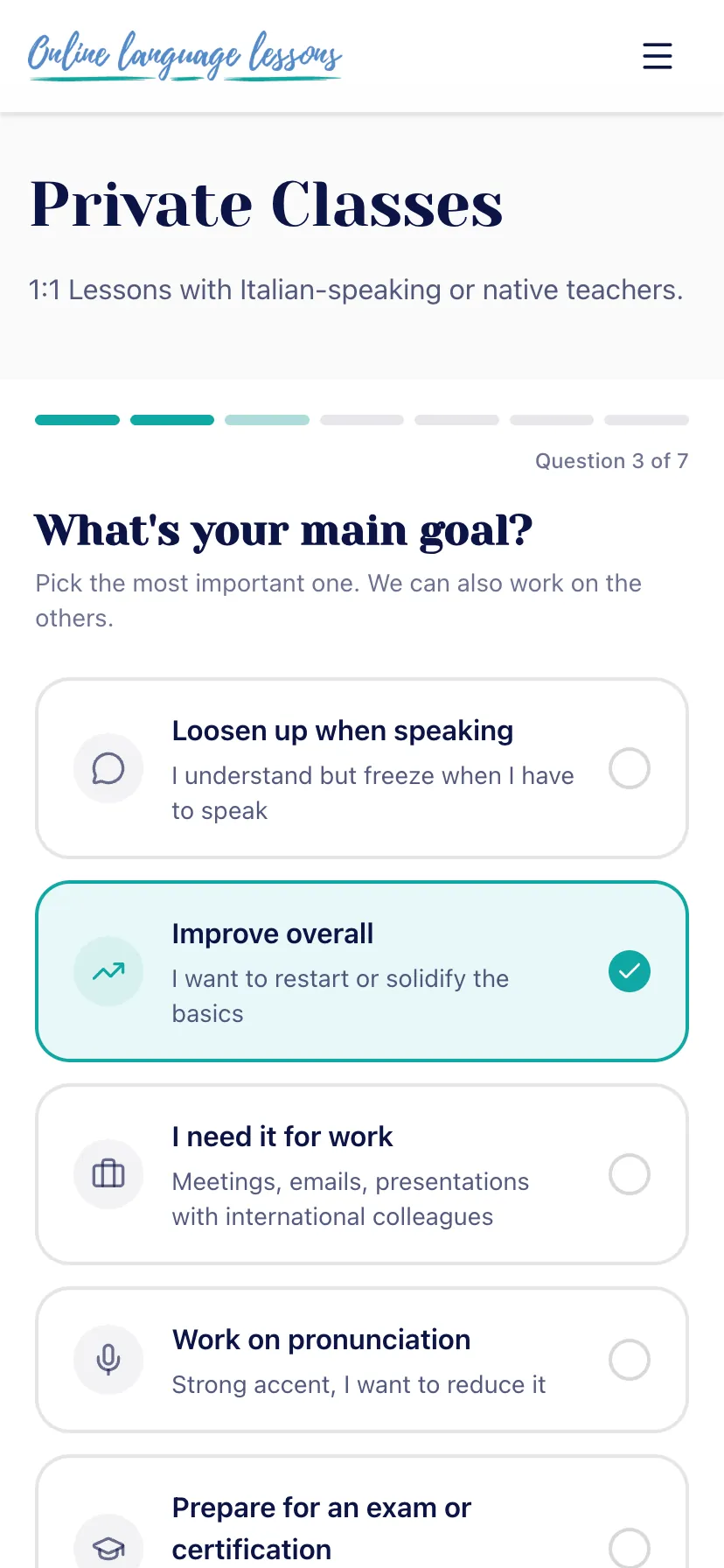 Private Classes quiz, step 3 of 7: choosing a main learning goal