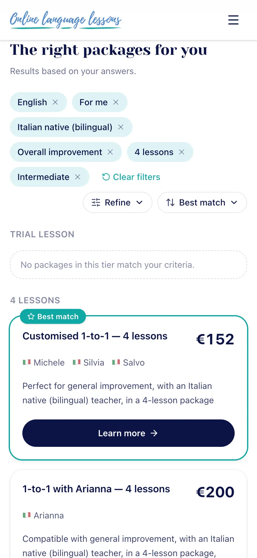Private Classes results: faceted package recommendations with a highlighted best match